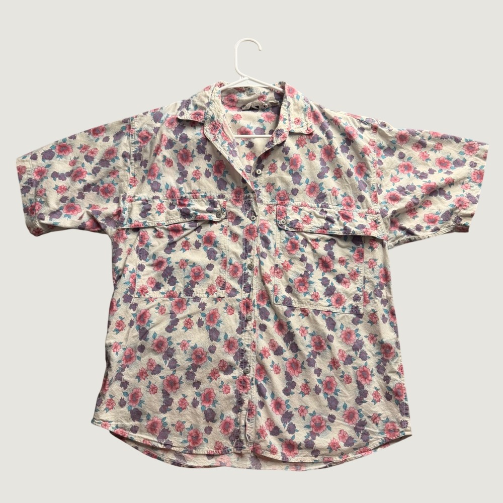 KZK Floral Button Up Shirt Large Short Sleeve Cotton Utility Pink Purple Vintage
